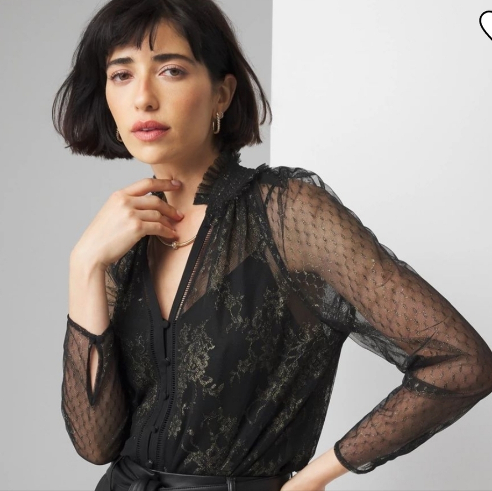 White House Black Market Sheer Black and Gold V-Neck Lace Blouse Size 8